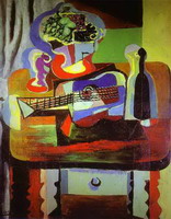 Guitar, Bottle, Bowl with Fruit, and Glass on Table
