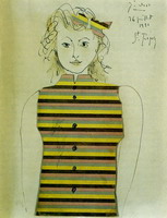 Pablo Picasso. Genevieve on striped jacquette