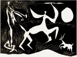 Pablo Picasso. Centaur dancing on black background