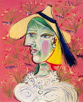 Pablo Picasso. Woman with straw hat on floral background