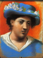 Woman with blue hat flowers