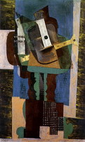 Pablo Picasso. Guitar, clarinet and bottle on a table