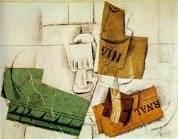 Pablo Picasso. Glass wine bottle, package of tobacco, newspaper