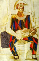 Seated Harlequin with guitar