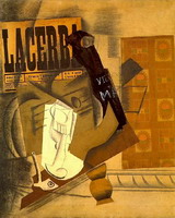 Pablo Picasso. Pipe, glass, newspaper, guitar, bottle of old brandy (`Lacerba`)