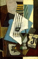Pablo Picasso. Nature morte- guitar, newspaper, glass and ace of clubs